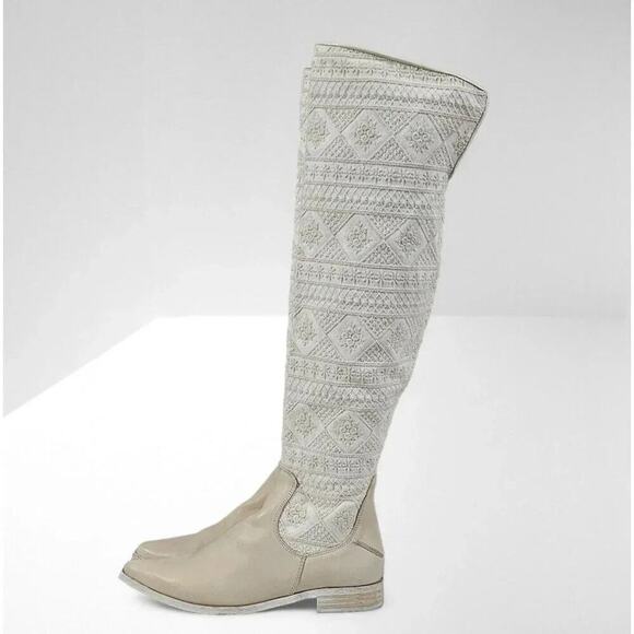 NEW Free People Bren Slouch Knee High Boot Ecru Cream White Textile EU Size 38.5 - Picture 1 of 16